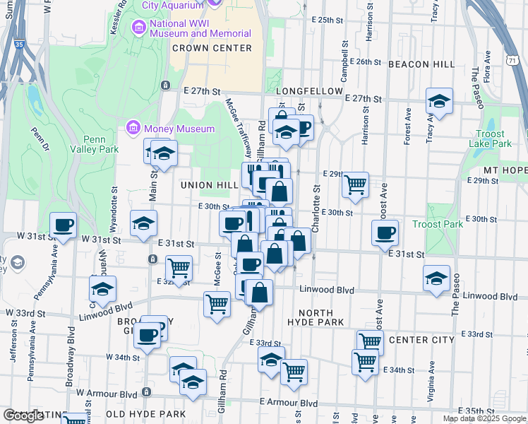 map of restaurants, bars, coffee shops, grocery stores, and more near 3012 Cherry Street in Kansas City