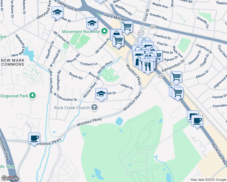 map of restaurants, bars, coffee shops, grocery stores, and more near 1030 Welsh Drive in Rockville
