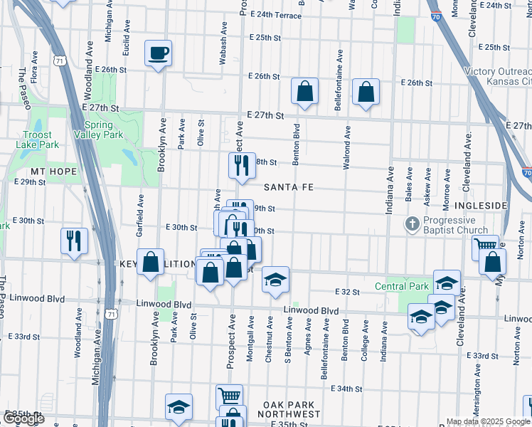 map of restaurants, bars, coffee shops, grocery stores, and more near 2712 East 30th Street in Kansas City