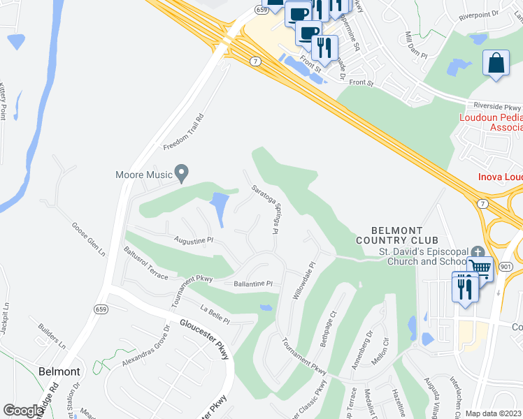 map of restaurants, bars, coffee shops, grocery stores, and more near 19660 Stanford Hall Place in Ashburn