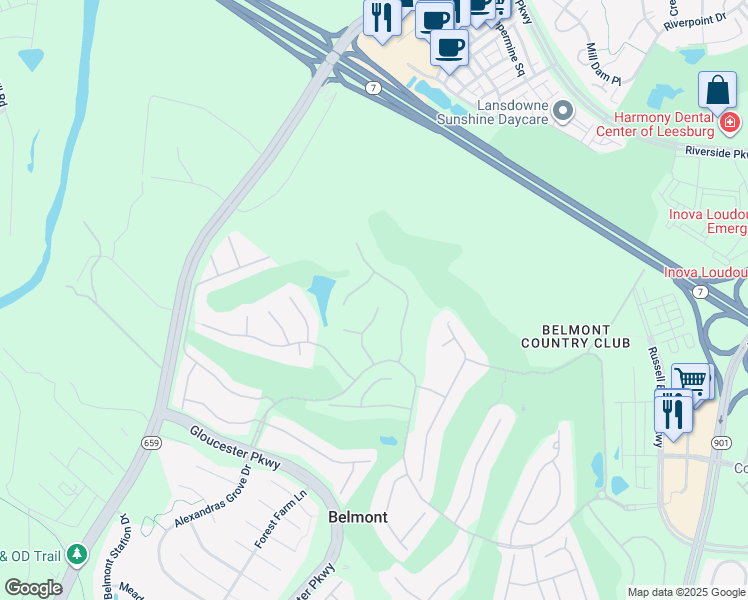 map of restaurants, bars, coffee shops, grocery stores, and more near 19665 Stanford Hall Place in Ashburn
