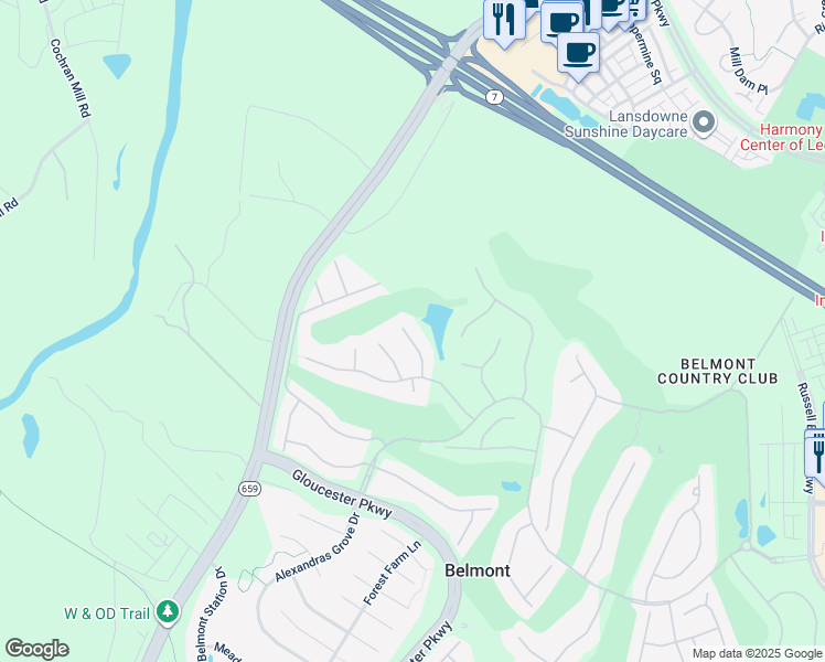 map of restaurants, bars, coffee shops, grocery stores, and more near 19658 Olympic Club Court in Ashburn