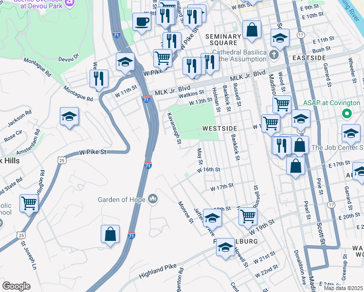 map of restaurants, bars, coffee shops, grocery stores, and more near 1514 Kavanaugh Street in Covington