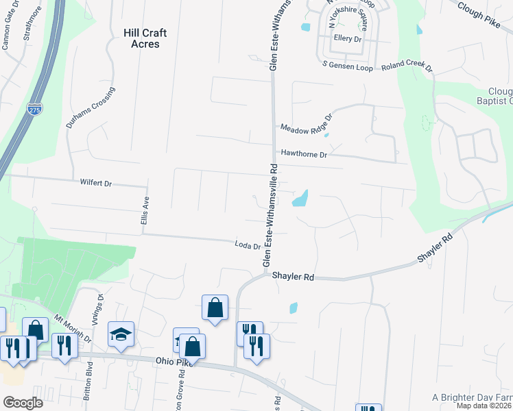 map of restaurants, bars, coffee shops, grocery stores, and more near 4077 Glen Este-Withamsville Road in Cincinnati