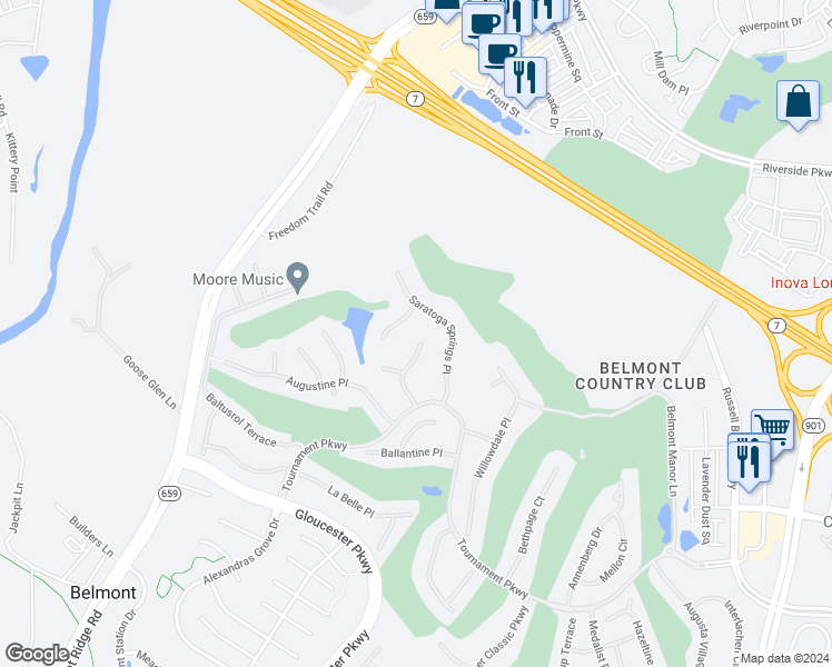 map of restaurants, bars, coffee shops, grocery stores, and more near 19665 Stanford Hall Place in Ashburn
