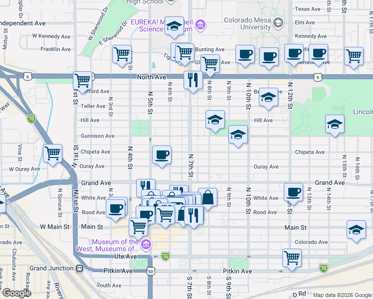 map of restaurants, bars, coffee shops, grocery stores, and more near 522 North 7th Street in Grand Junction