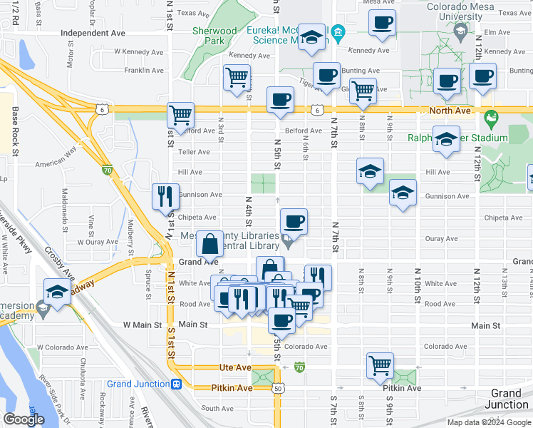 map of restaurants, bars, coffee shops, grocery stores, and more near 423 Chipeta Avenue in Grand Junction