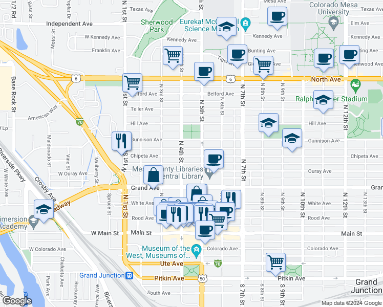 map of restaurants, bars, coffee shops, grocery stores, and more near 423 Chipeta Avenue in Grand Junction