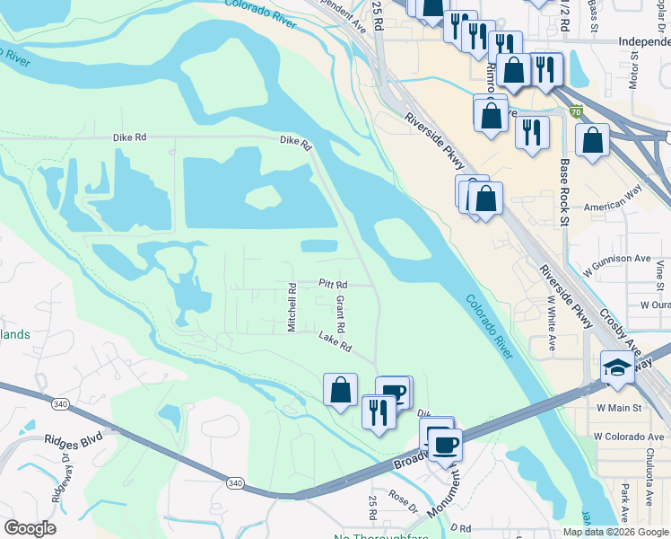 map of restaurants, bars, coffee shops, grocery stores, and more near 261 Grant Road in Grand Junction