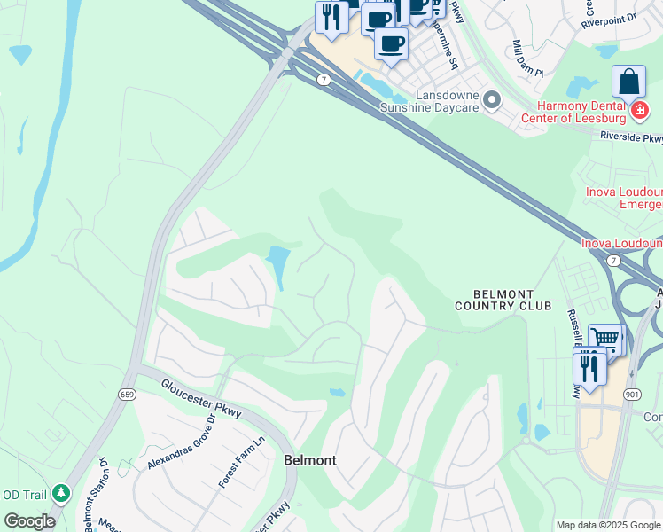 map of restaurants, bars, coffee shops, grocery stores, and more near 19660 Stanford Hall Place in Ashburn