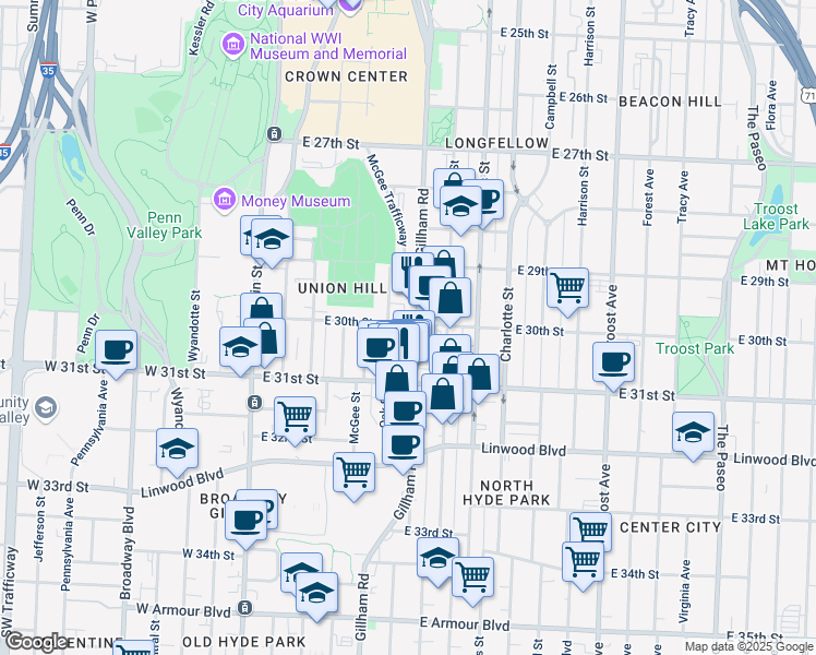 map of restaurants, bars, coffee shops, grocery stores, and more near 3015 Oak Street in Kansas City
