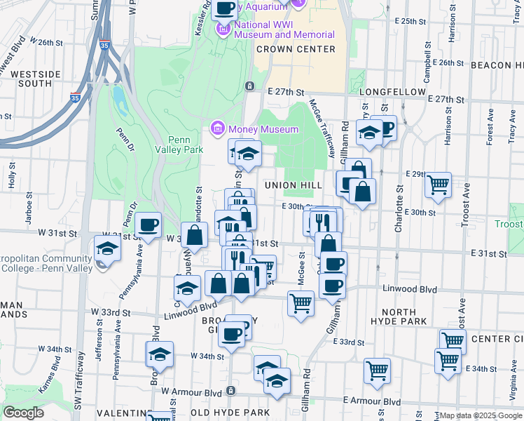 map of restaurants, bars, coffee shops, grocery stores, and more near 3021 Walnut Street in Kansas City
