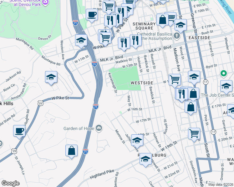 map of restaurants, bars, coffee shops, grocery stores, and more near 435 Linden Avenue in Covington