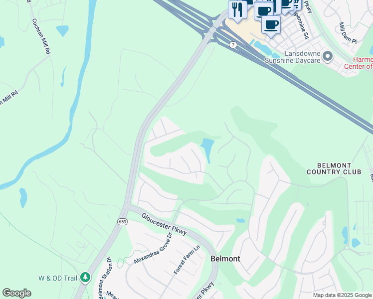 map of restaurants, bars, coffee shops, grocery stores, and more near 19651 Olympic Club Court in Ashburn