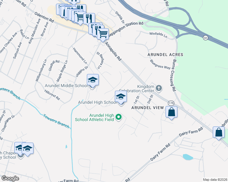 map of restaurants, bars, coffee shops, grocery stores, and more near 501 Lisa Avenue in Odenton