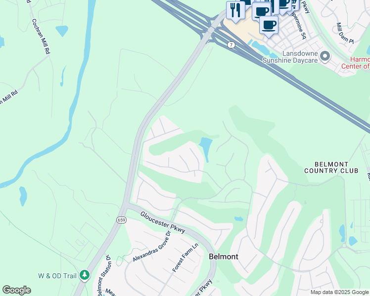 map of restaurants, bars, coffee shops, grocery stores, and more near 19651 Olympic Club Court in Ashburn