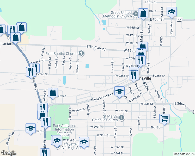 map of restaurants, bars, coffee shops, grocery stores, and more near 414 West 23rd Street in Higginsville