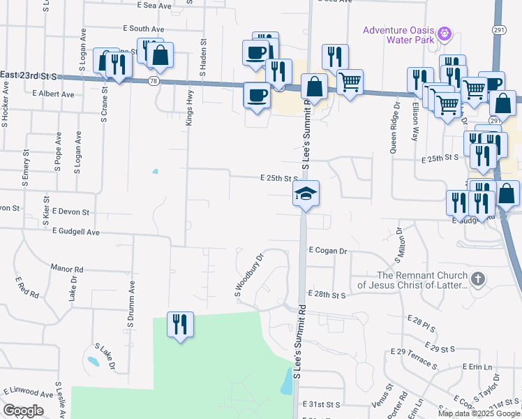 map of restaurants, bars, coffee shops, grocery stores, and more near 2612 South Lee's Summit Road in Independence