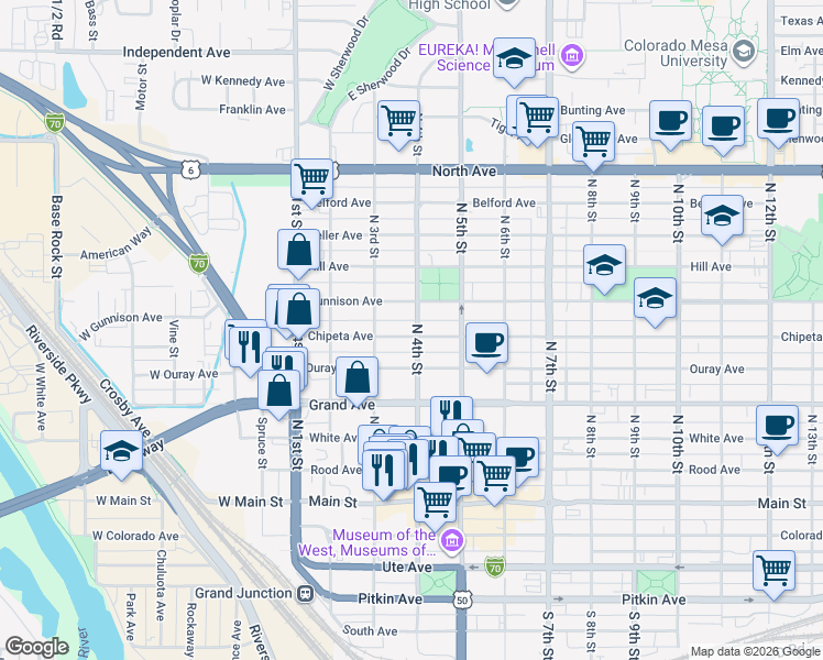 map of restaurants, bars, coffee shops, grocery stores, and more near 331 Chipeta Avenue in Grand Junction