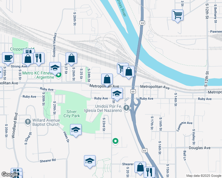 map of restaurants, bars, coffee shops, grocery stores, and more near 2201 Metropolitan Avenue in Kansas City