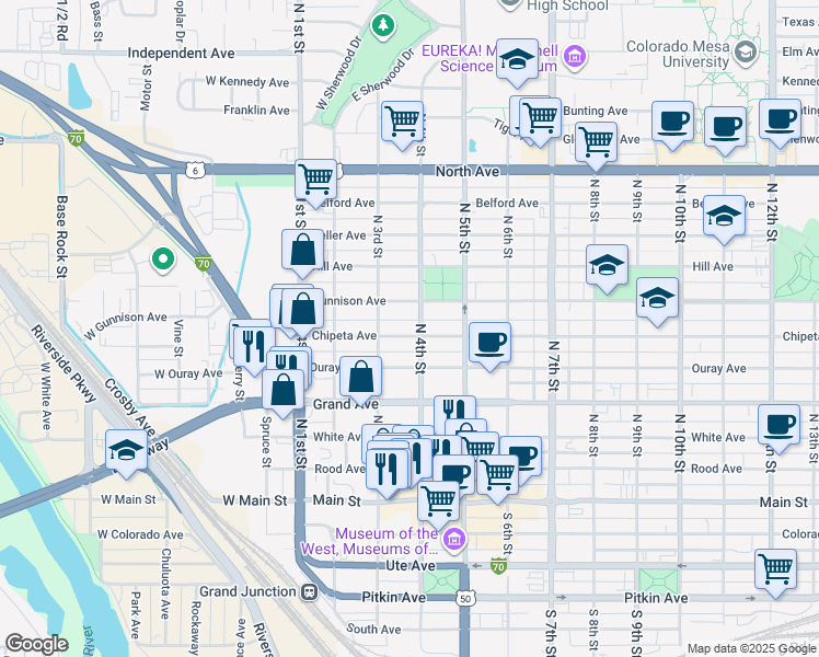 map of restaurants, bars, coffee shops, grocery stores, and more near 350 Chipeta Avenue in Grand Junction