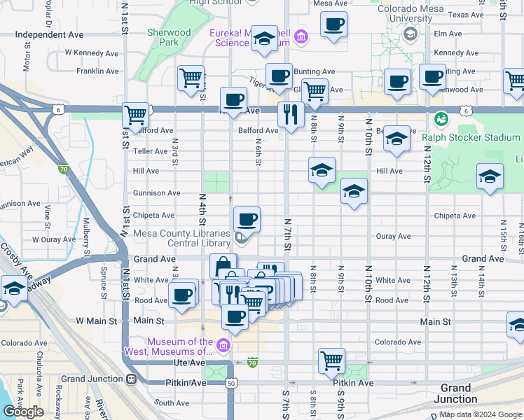 map of restaurants, bars, coffee shops, grocery stores, and more near 603 Chipeta Avenue in Grand Junction