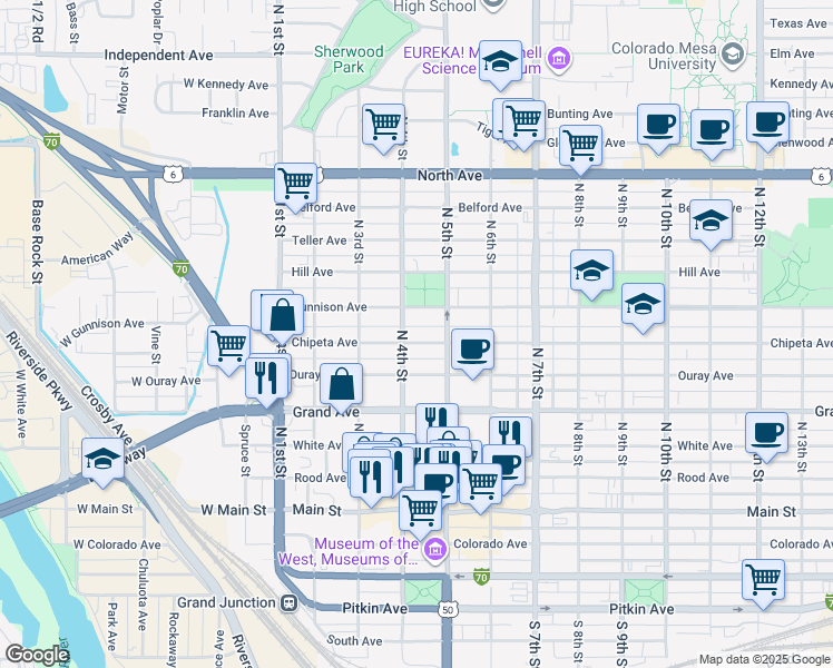 map of restaurants, bars, coffee shops, grocery stores, and more near 423 Chipeta Avenue in Grand Junction