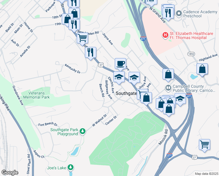 map of restaurants, bars, coffee shops, grocery stores, and more near 228 Ridgeway Avenue in Southgate