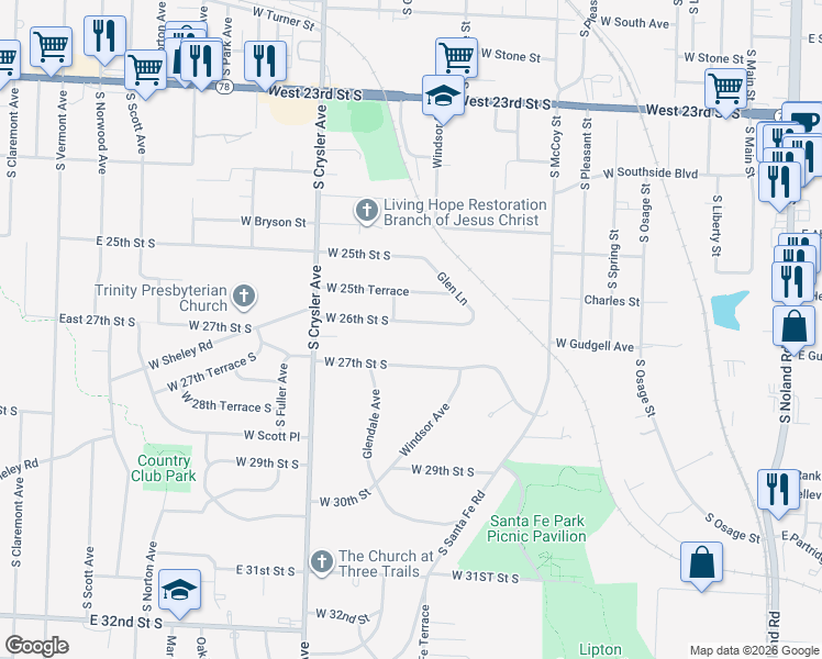 map of restaurants, bars, coffee shops, grocery stores, and more near 1146 West 27th Street South in Independence