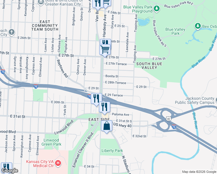 map of restaurants, bars, coffee shops, grocery stores, and more near 5420 East 29 Terrace in Kansas City