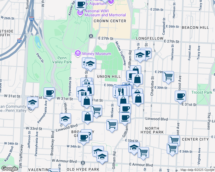 map of restaurants, bars, coffee shops, grocery stores, and more near 3019 Grand Avenue in Kansas City