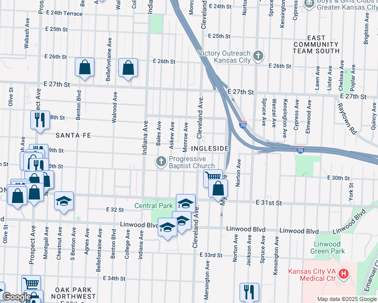 map of restaurants, bars, coffee shops, grocery stores, and more near 3705 East 29th Street in Kansas City
