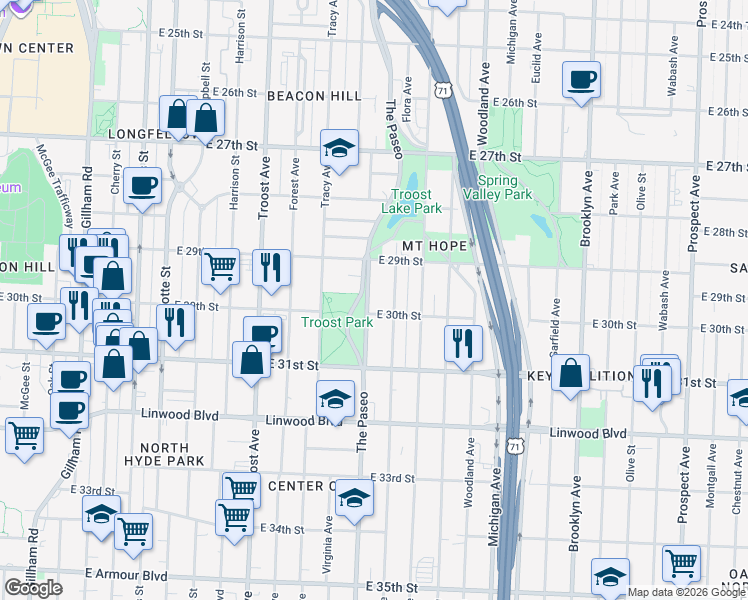 map of restaurants, bars, coffee shops, grocery stores, and more near 3000 Flora Avenue in Kansas City