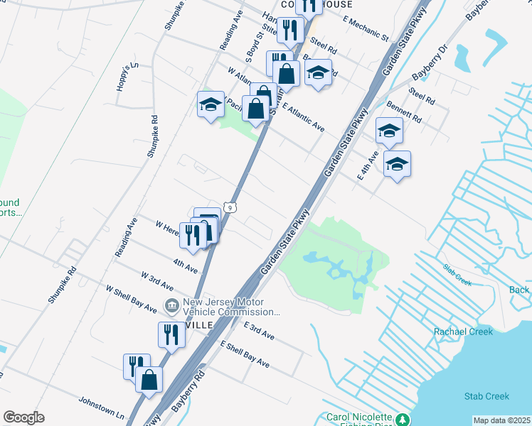 map of restaurants, bars, coffee shops, grocery stores, and more near 804 Route 9 South in Middle Township