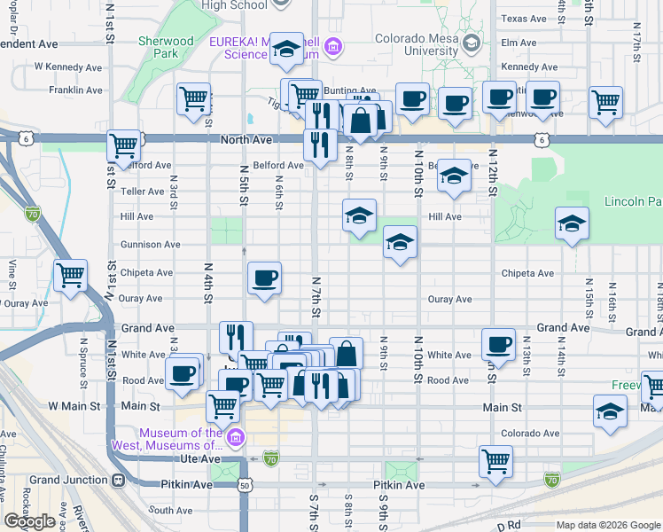 map of restaurants, bars, coffee shops, grocery stores, and more near 755 Chipeta Avenue in Grand Junction