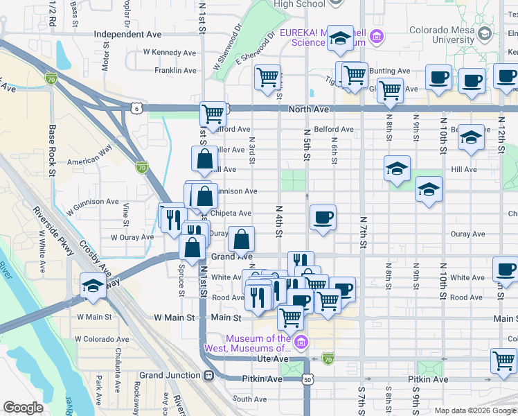 map of restaurants, bars, coffee shops, grocery stores, and more near 306 Chipeta Avenue in Grand Junction