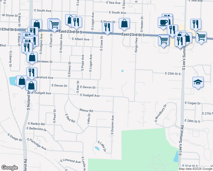 map of restaurants, bars, coffee shops, grocery stores, and more near 808 1/2 East Devon Street in Independence