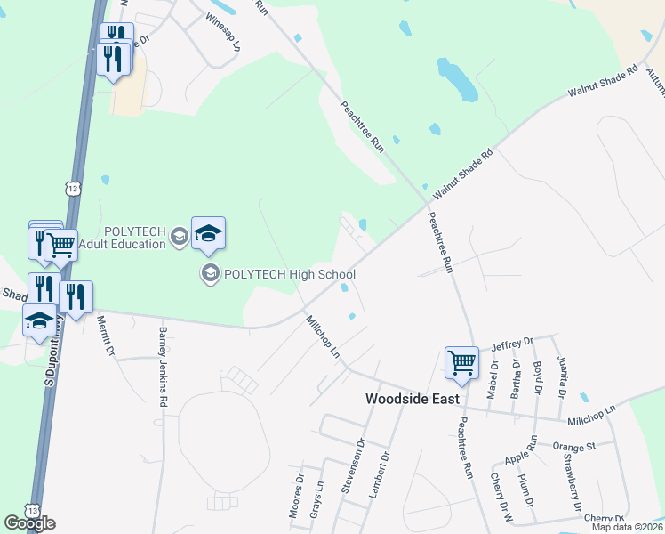 map of restaurants, bars, coffee shops, grocery stores, and more near 1194 Walnut Shade Road in Dover