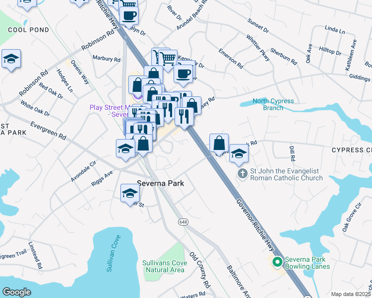 map of restaurants, bars, coffee shops, grocery stores, and more near 43 West McKinsey Road in Severna Park