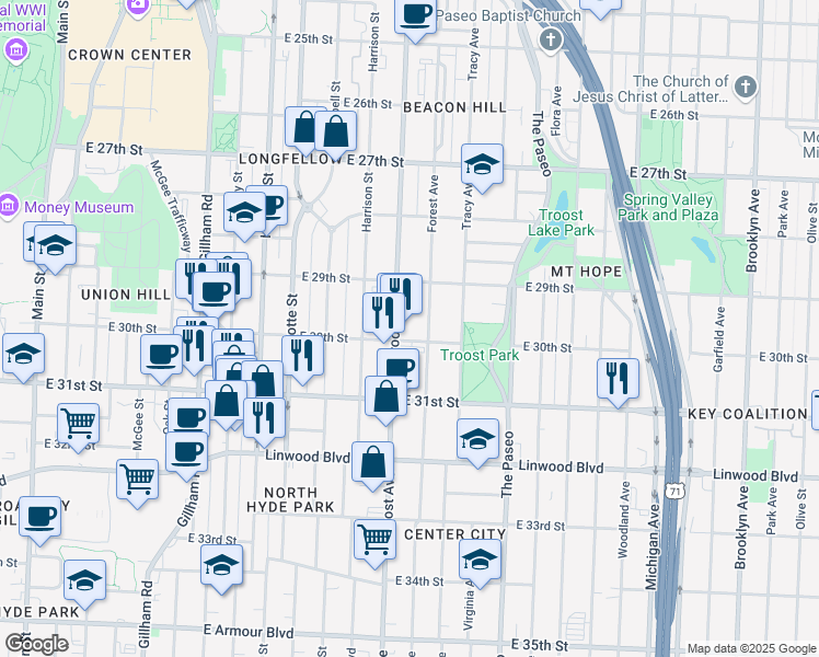 map of restaurants, bars, coffee shops, grocery stores, and more near 3001 Troost Avenue in Kansas City