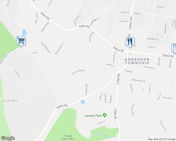 map of restaurants, bars, coffee shops, grocery stores, and more near 5807 Chestnut Ridge Drive in Cincinnati