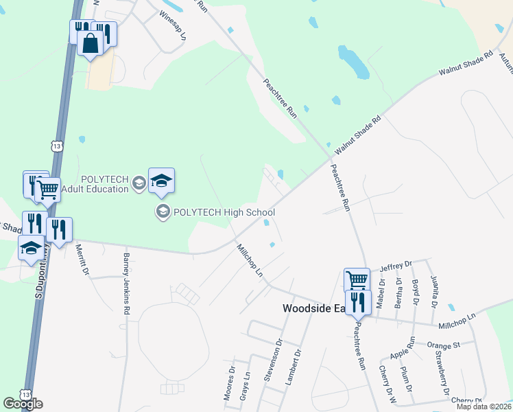 map of restaurants, bars, coffee shops, grocery stores, and more near 1194 Walnut Shade Road in Dover