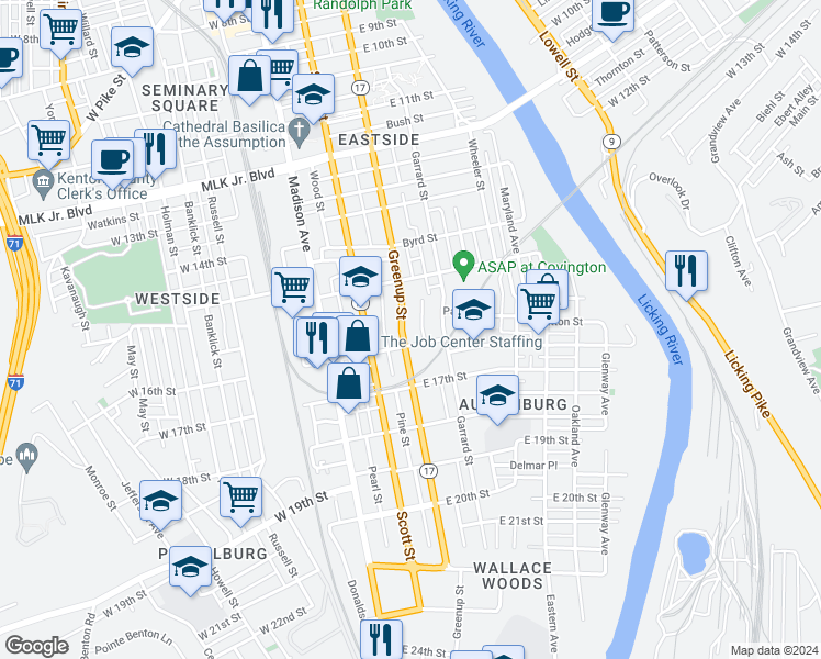 map of restaurants, bars, coffee shops, grocery stores, and more near 1604 Greenup Street in Covington