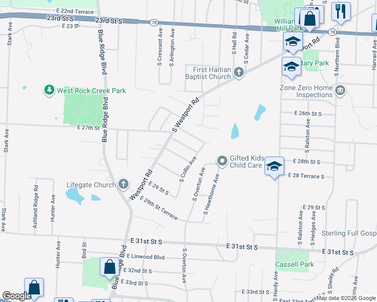 map of restaurants, bars, coffee shops, grocery stores, and more near 9737 East 27th Terrace South in Independence