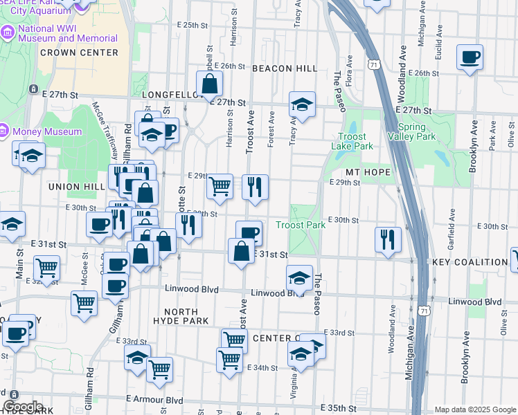 map of restaurants, bars, coffee shops, grocery stores, and more near 3008 Forest Avenue in Kansas City