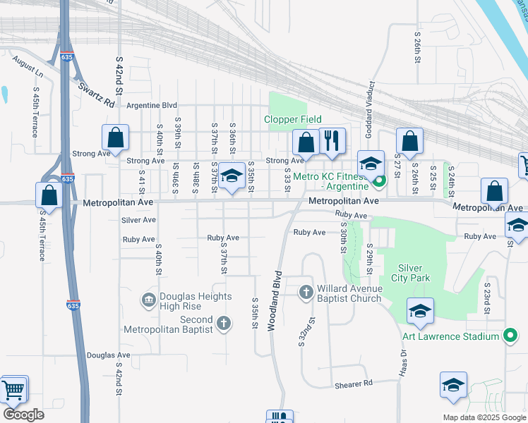map of restaurants, bars, coffee shops, grocery stores, and more near 3403 Silver Avenue in Kansas City