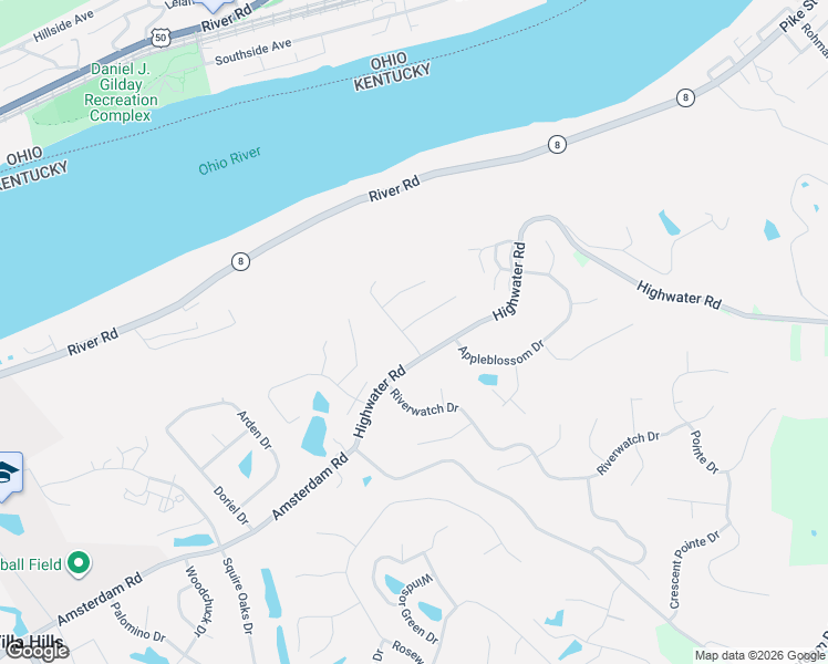 map of restaurants, bars, coffee shops, grocery stores, and more near 2031 Highwater Road in Villa Hills