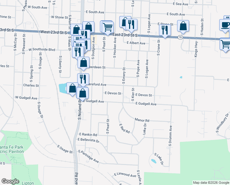 map of restaurants, bars, coffee shops, grocery stores, and more near 432 East Gudgell Avenue in Independence