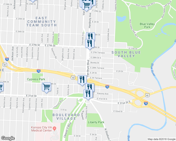 map of restaurants, bars, coffee shops, grocery stores, and more near 2853 Van Brunt Boulevard in Kansas City