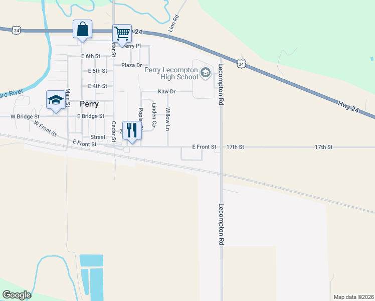 map of restaurants, bars, coffee shops, grocery stores, and more near 902 East Front Street in Perry